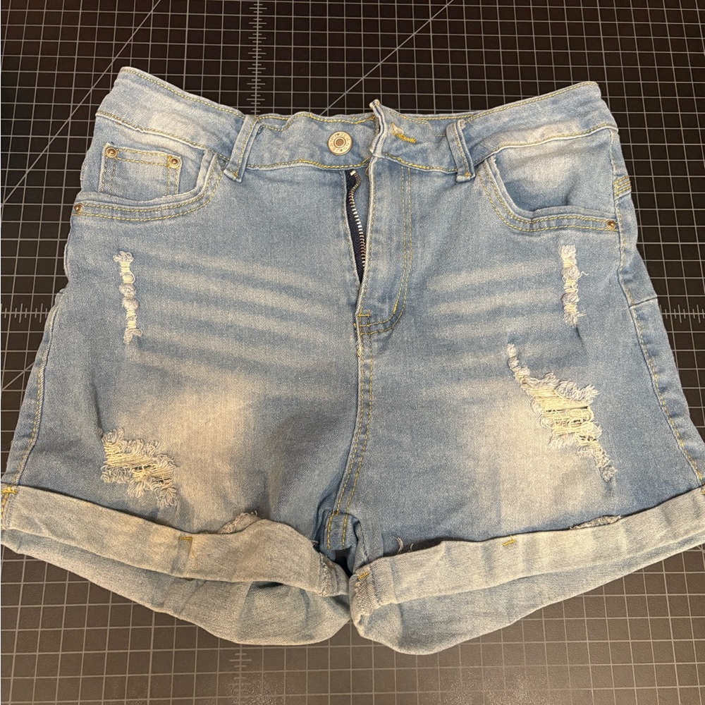 Trendy Light Blue Distressed Jean Shorts